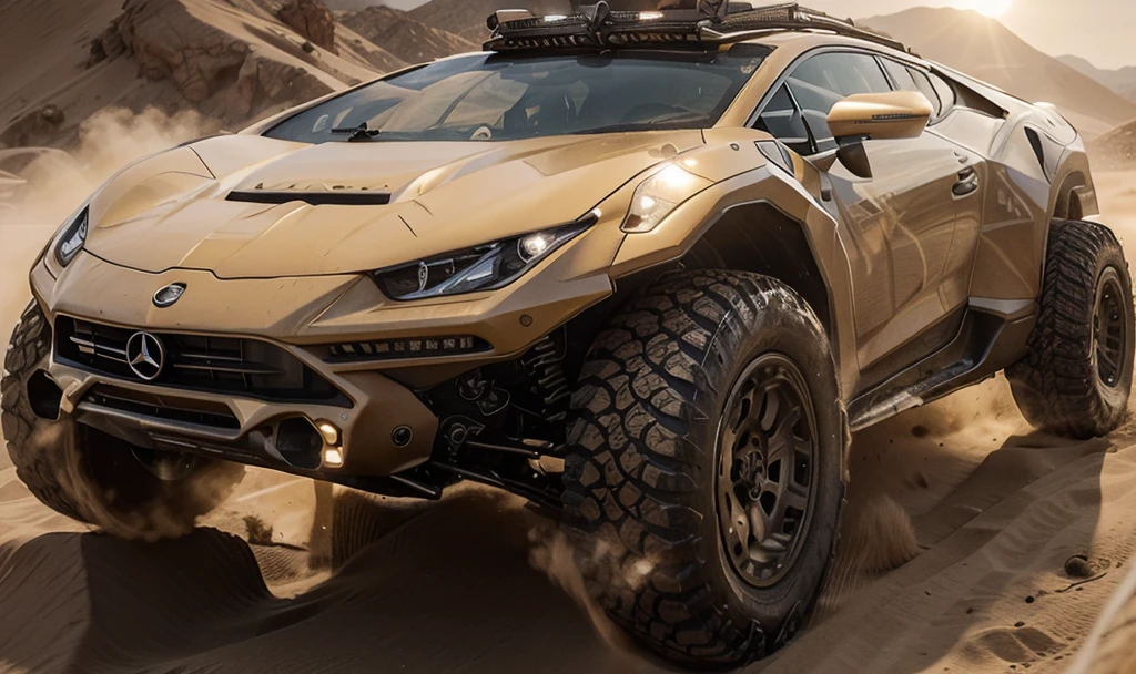 Generates an action scene in which a military off-road vehicle chases a black Mercedes in a vast desert. The Mercedes, with a powerful engine, moves at high speed avoiding dunes and rocks, while the military vehicle follows closely, raising large clouds of dust. The chase is frenetic, with the Mercedes performing risky maneuvers to evade the military vehicle, who tries to close the distance with occasional explosions and gunshots. the sun shines brightly, creating a dramatic contrast to the arid landscape. Tension rises as both vehicles approach a sandstorm on the horizon.