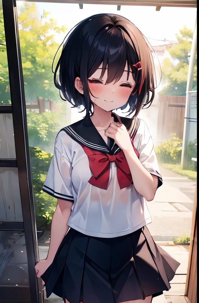 shrine,Half-close your eyes,Are standing,Place your hands behind your back,Red eyes,high school girl,short hair,boyish,Black Hair,blush,summer制服,mini skirt,White skin,summer,shy,Cowboy Shot,View your viewers,Sweaty,Wet,smile,