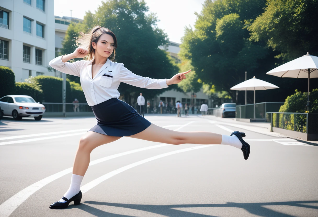 8k, raw photo, best quality, masterpiece, realistic, photo realistic, clear, professional lighting, beautiful face, best quality,ultra high res, realistic japanese beautiful, Super detailed, 1girl, clothed, outdoor, (kicking:1.2)