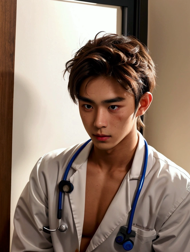 Medium shot,Medicine student,กอดอก ,2nd year , cool , hunk, 22 year old,tan skin,(messy brown hair),goat beard ,handsome , in university