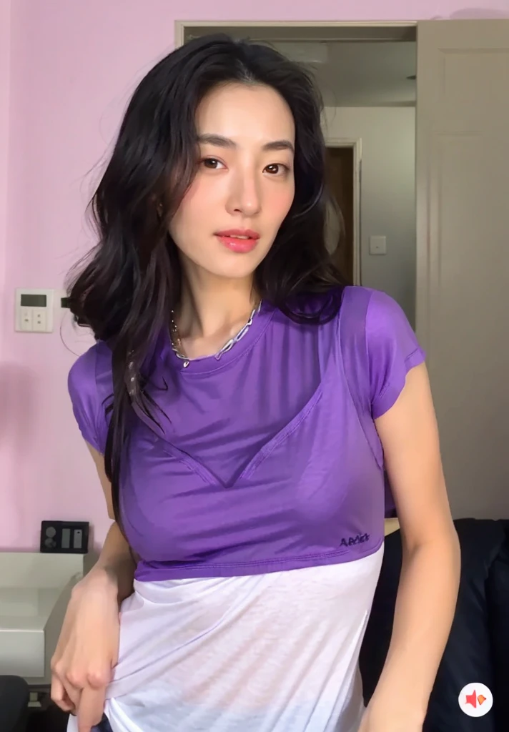 arafed asian woman in a purple t shirt oversized highly realistic. live cam, gorgeous young korean woman,