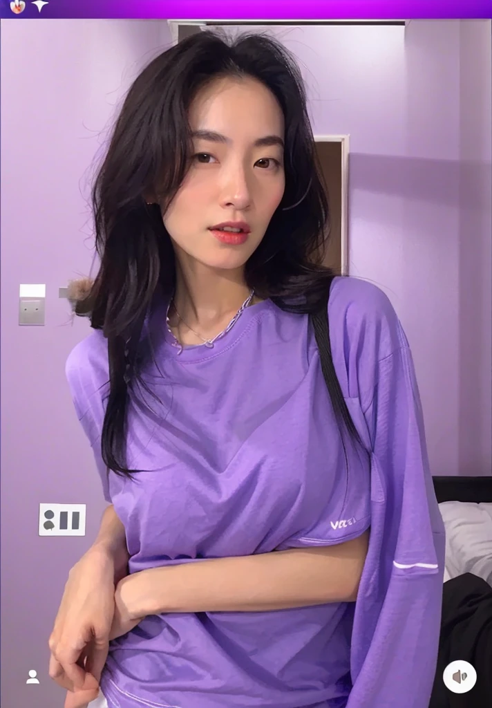 arafed asian woman in a purple t shirt oversized highly realistic. live cam, gorgeous young korean woman,