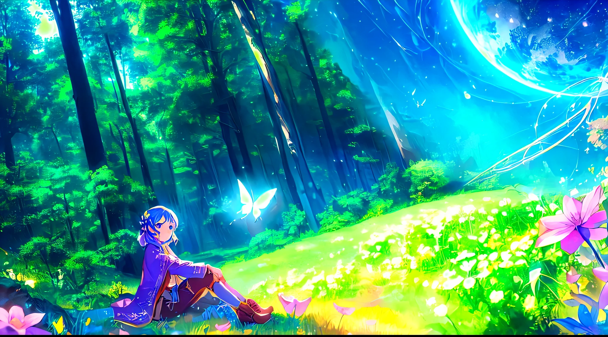 cartoon女孩坐在草地上,There are flowers and butterflies, cartoon lush john 8k woods, cartoonbeautifulPeace场景, cartoon 大自然 壁纸, cartoon艺术壁纸 8k, cartoon艺术壁纸 4k, cartoon艺术壁纸4k, beautifulfantasycartoon, Shinkai Makoto Cyril Rolando, beautifulcartoon场景, cartoon背景 art, beautifulcartoon场景ry, cartoon背景,forest,Green lawn,early spring,Vibrant,Everything races,Tiny、Dressed in purple、Chemist boy,Sitting on the lawn,look up,One,beautiful,small butterfly、Peace,Sunlight,Elemental magic、blue,fantasy、cartoon、ground、Earth、Second Dimension,Volumetric Light,warm light,Soft colors,Vision,broad、Second Dimension