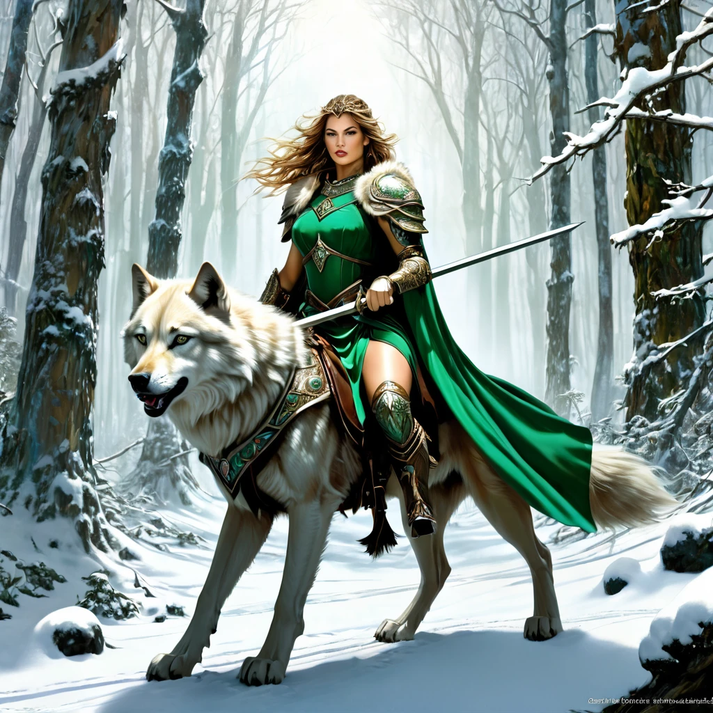 Arafed woman in emerald dress riding a wolf in a snowy forest, airbrush Julie Bell, trends in the CG community, Fantasy art, female warrior, Fantasy woman, красивая female warrior, karol bak uhd, красивая female warrior, woman-warrior, Warrior Princess, female paladin in fantasy style, Fantasy Warrior, hd Fantasy art, Warrior Queen