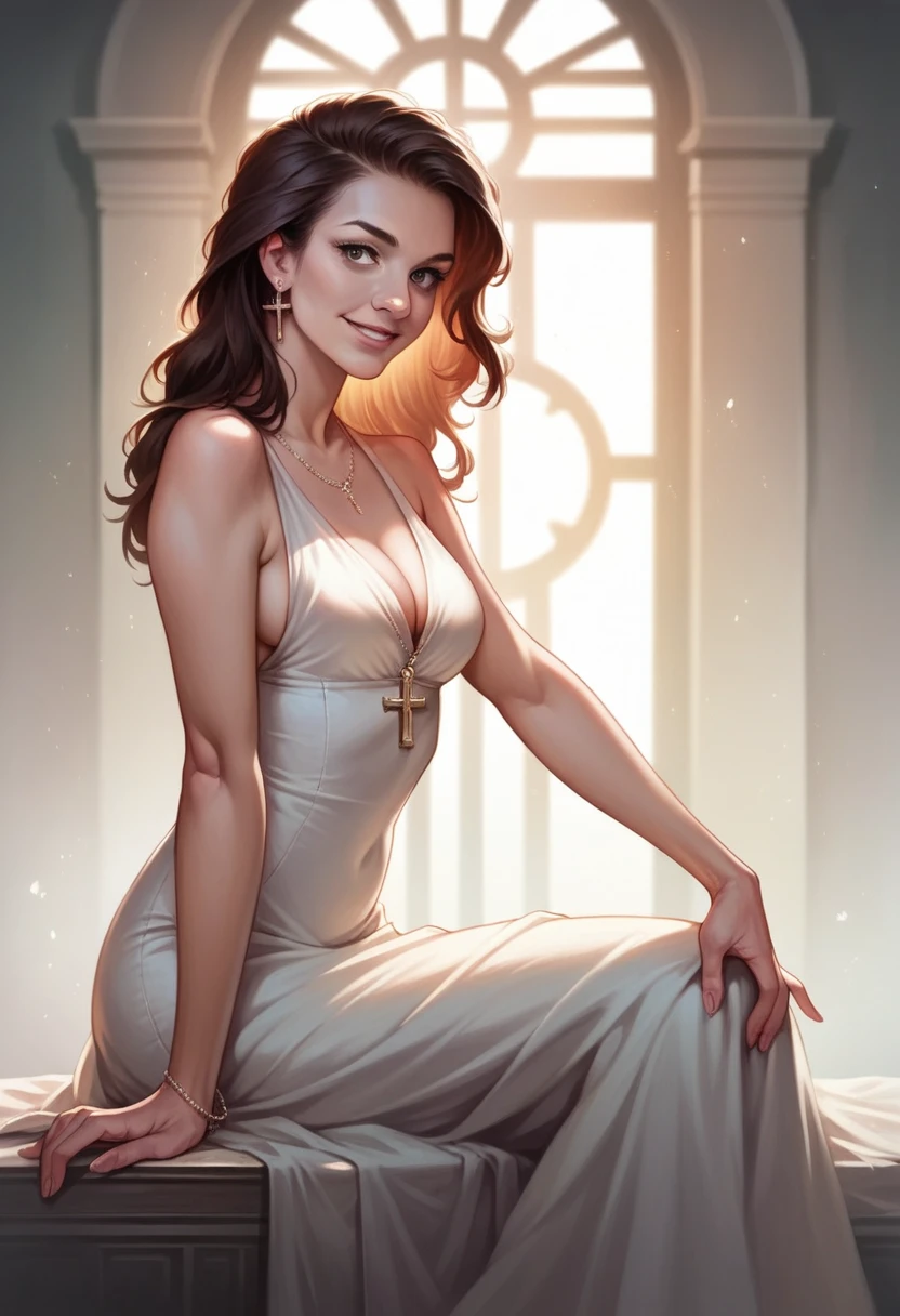 a beautiful young woman with a sneaky smile, sitting cross-legged, ultra-detailed, 8k, photorealistic, dramatic lighting, detailed facial features, elegant pose, cinematic composition, warm color tones, high quality, intricate details, artistically rendered