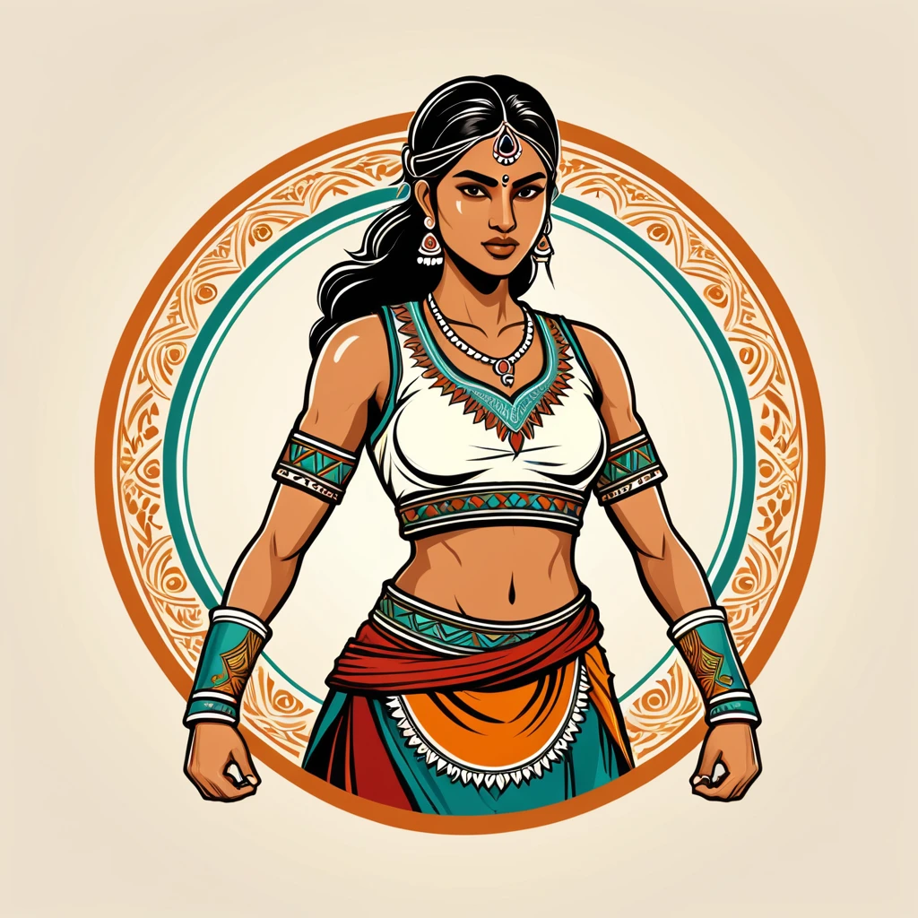 female fighter in indian folk outfit, vector graphics, strong contours, logo design
