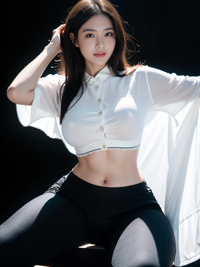 (highest image quality:1.35), high quality, Realistic photo, (A beautiful woman:1.33), beautiful expression, (delicate eyes:1.3), (delicate face:1.3 ), Smile, (slick hair:1.2), Super detailed , high resolution, athletic figure, (big breasts:1.25), (long hair:1.2), (beautiful woman), ( Cute navel:1.2), (Depth of field f/1.8:1.45 ), sharp focus, original photo , (Thin white shirt:1.45), (Thin black pants:1.4), (Thin tight bloack pants: 1.4 ), (Thick thighs:1.5), (Forward:1.25), (cowboy photo: 1.4), (Sports, black background :1.4 ), (black background:1.5 ),