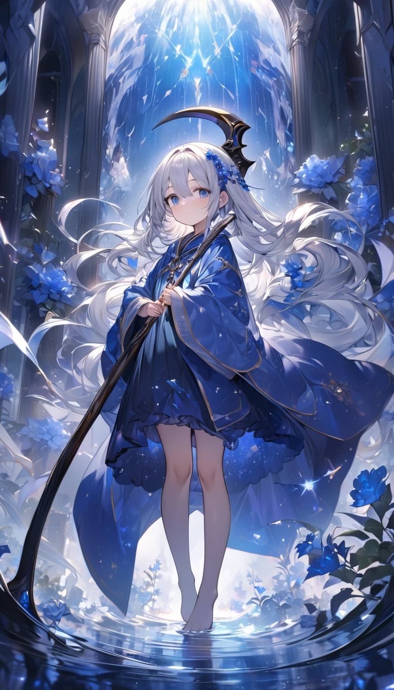 Highest quality,masterpiece,Detailed Details,Super detailed,colorful,The background is dark blue water,Transparency,Use HDR technology to create a sense of depth,beautiful,beautiful自然,Sacred atmosphere,8-year-old girl,Alone,Wearing starry wizard robes,Stand in the center of the screen,The whole body faces this way,Look diagonally forward to the left,holding a scythe,A scythe blade made from a blue gem,A scythe handle made from a black gem.,Narrow and gentle eyes,mysterious,Silver hair decorated with blue flowers,Fantasy atmosphere,beautiful虹色の蝶々is flying in the air