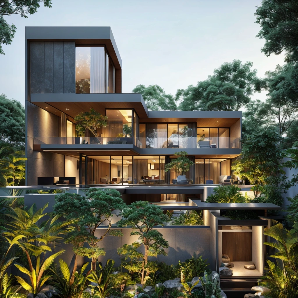(((best quality, masterpiece))), (surreal, optical:1.2), high quality, (daylight:1.2), perfect lighting,(residential) modern house modern, main material ((wood: gray stone:0.4)), villa, modern gray house, modern, dynamic light, super light, ((light emitted from inside the house:1.1)) , ((clear blue sky:1.3)), ((garden lights)), rock,peaceful, romantic, ((haze)), beautiful garden