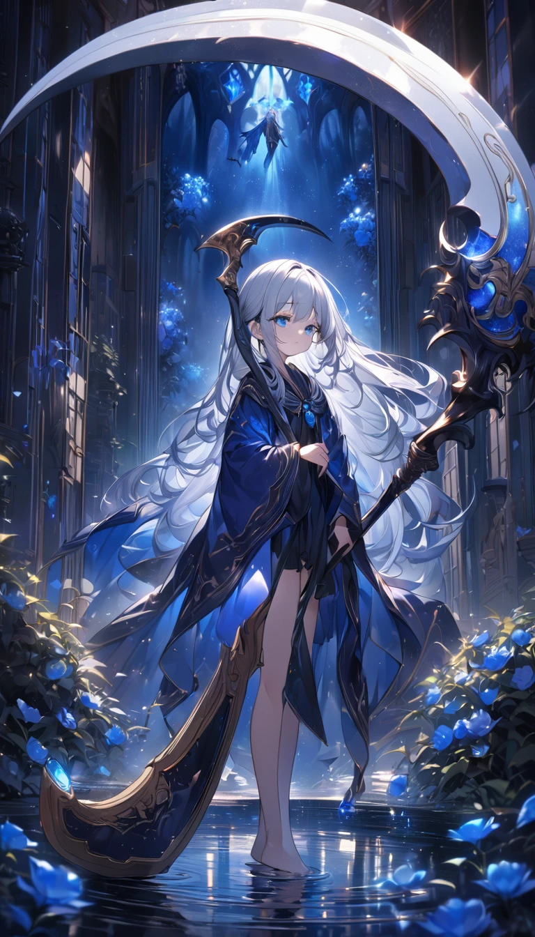 Highest quality,masterpiece,Detailed Details,Super detailed,colorful,The background is dark blue water,Transparency,Use HDR technology to create a sense of depth,beautiful,beautiful自然,Sacred atmosphere,,Alone,Wearing starry wizard robes,Stand in the center of the screen,The whole body faces this way,Look diagonally forward to the left,holding a scythe,A scythe blade made from a blue gem,A scythe handle made from a black gem.,Narrow and gentle eyes,mysterious,Silver hair decorated with blue flowers,Fantasy atmosphere,beautiful虹色の蝶々is flying in the air