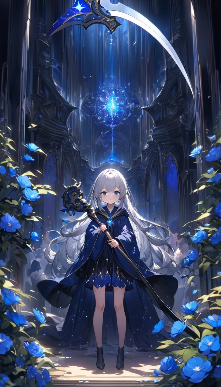 Highest quality,masterpiece,Detailed Details,Super detailed,colorful,The background is dark blue water,Transparency,Use HDR technology to create a sense of depth,beautiful,beautiful自然,Sacred atmosphere,8-year-old girl,Alone,Wearing starry wizard robes,Stand in the center of the screen,The whole body faces this way,Look diagonally forward to the left,holding a scythe,A scythe blade made from a blue gem,A scythe handle made from a black gem.,Narrow and gentle eyes,mysterious,Silver hair decorated with blue flowers,Fantasy atmosphere,beautiful虹色の蝶々is flying in the air