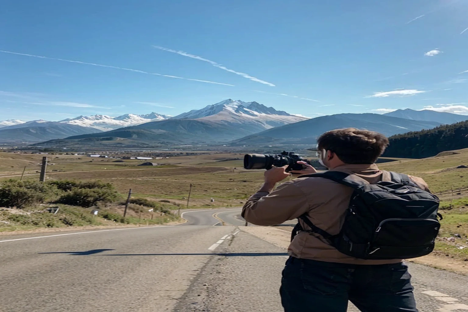 Man carrying a tripod to take pictures Facing forward, behind us is a mountain view with a road.
