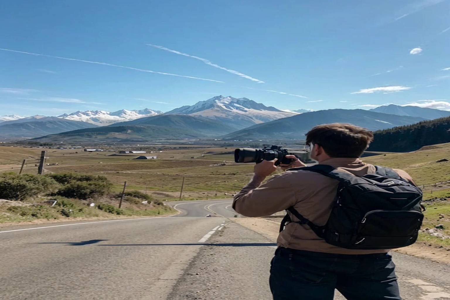 Man carrying a tripod to take pictures Facing forward, behind us is a mountain view with a road.