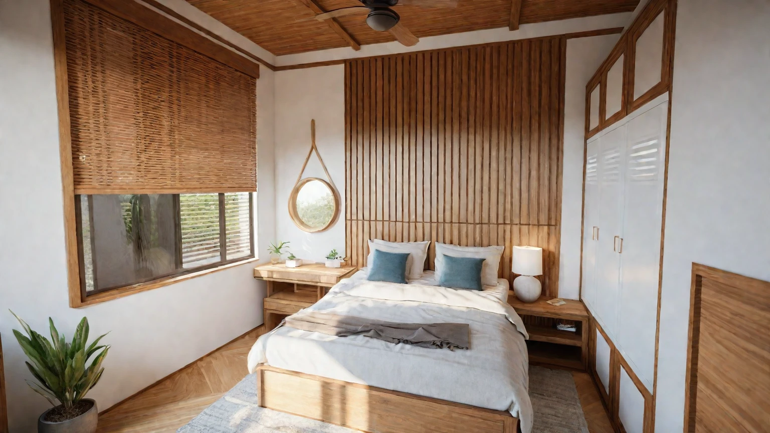 there is a bed in a room with a wooden ceiling, inside of a bedroom, Brown ceiling fan, furniture made of wood, wardrobe next to the bed, The room is on the 1st floor, natural light in room, vray 8k render, bed room, rendered in vray, rendered in corona, vray rendered, high- quality render, rendered in lumion pro, 8k vray render, corona render