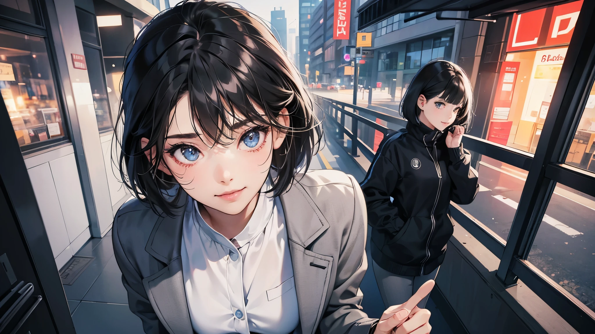 perfect anatomy:1.2)(absurdres, highres, ultra detailed),masterpiece,best quality,high resolution,8k,Realistic face,Realistic skin texture,magnified textures, stunning clarity,detailed anime girl,(ultra detailed eyes and face),(1 girl:1.2)21years old,she is office worker,,smile:1.2,black hair, bob cut,natural make,grey jacket,grey pants,black brouse,sparkling eyes.small nose,roundface,just left the office when it was time to leave,night,bussines district,she is walking,looks happy,feeling freedom