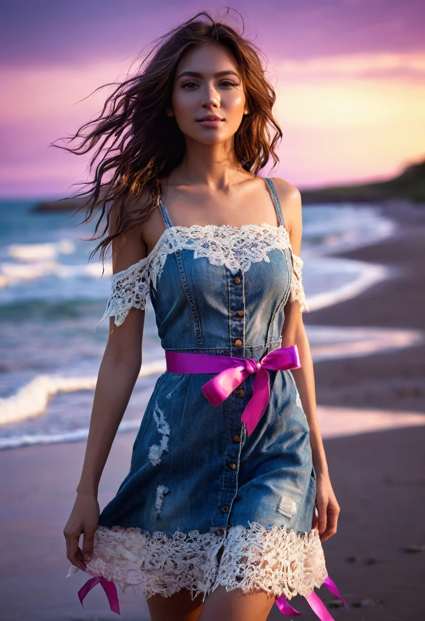 (masterpiece), (extremely complicated:1.3), (Realists), Full body picture of a woma, the most beautiful thing in the world, Happy (ripped denim dress with lace), mahogay brown hair tied with pink ad purple ribbons, punkstyle, a, outside, beach, Sun set, Professional photo of a stunning woma detailed, keen focus, dramatic, Award-winning, cinematic lighting, Okta-Render Unreal Engine, Volume measurement DTX, (film grain, blurred background) Chaya-Honig