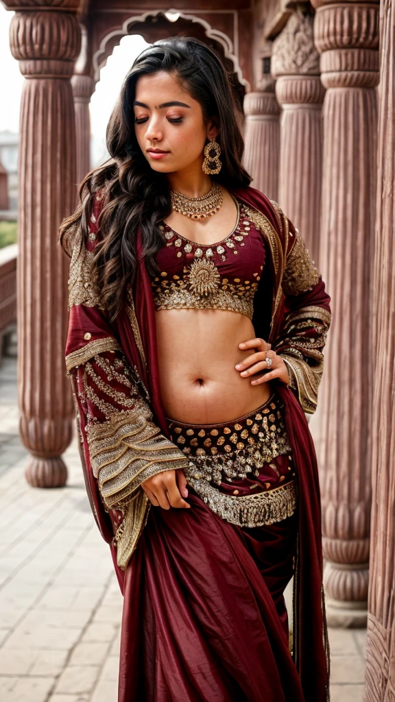 high Detail RAW color Photo, Full Shot, front angle, of ( curly long hair, wearing Indian Necklace and jewelries and Indian cloths, with belly piercing ), outdoors, standing, looking at the camera, (in background Indian temples and people), toned physique, large ass, perfect face, seductive look, (detailed skin, diffused skin pores), (highly detailed, fine details, intricate), (lens flare:0.5), (bloom:0.5), smog, dust, (badlands:0.8), (observitory:0.7), raytracing, specular lighting, shallow depth of field, photographed on a Sony Alpha 1, EF 85mm lens, f/2.8, hard focus, smooth, cinematic film still