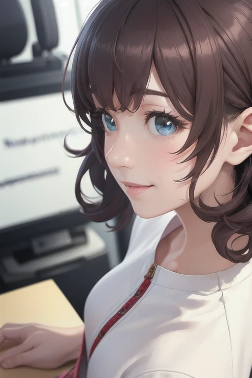 girl,Character design sheet,Beautiful attention to detail,Beautiful lip detail,Very detailed目と顔,Long eyelashes,Realistic,photoRealistic:1.37,Very detailed,Professional,Vibrant colors,Portraiture,Sharp focus,Physically Based Rendering,High resolution,超High resolution. blue eyes,Big eyes, Long Hair,Curly hair、Black Hair,Red cheeks,Droopy eyes,Small breasts,Jacket,Red cardigan,White T-shirt,White long skirt,,movie theatre,profile,smile