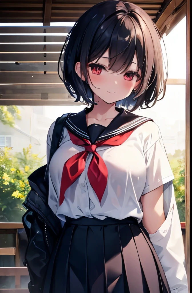 shrine,Half-close your eyes,Are standing,Place your hands behind your back,Red eyes,high school girl,short hair,boyish,Black Hair,blush,summer制服,mini skirt,White skin,summer,shy,Cowboy Shot,View your viewers,Sweaty,Wet,smile,