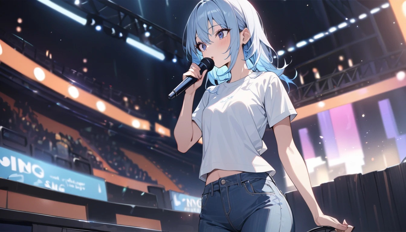 最high quality,high quality,masterpiece,,超High resolution,超high quality,Ultra delicate、Small breasts 、Slender body, (sing:1.3), Perfect Face, Beautiful proportions, Hold the microphone to your mouth, Stage Background、T-Shirts、jeans、Light blue hair,It&#39;s about to start moving,The background is amazing,Rei Ayanami,No exposure,One girl,High resolution,Live feeling,Sharp focus, (One girl: 1.1),A small smile,Ayanami Rei
