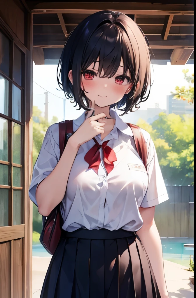 shrine,Half-close your eyes,Are standing,Place your hands behind your back,Red eyes,high school girl,short hair,boyish,Black Hair,blush,summer制服,mini skirt,White skin,summer,shy,Cowboy Shot,View your viewers,Sweaty,Wet,smile,Big Breasts
