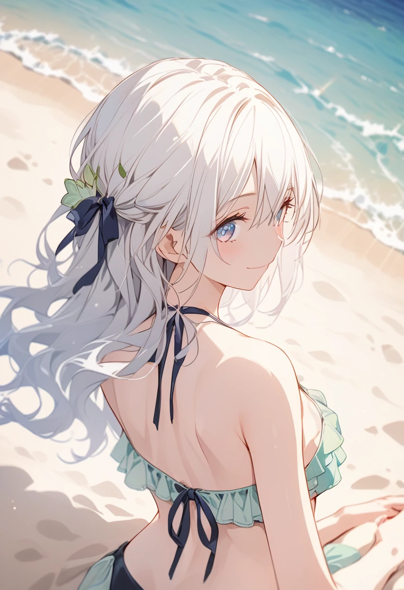 score_9,score_8_above,score_7_above, Firefly, light smile,Alone, long white hair, medium chest, wearing a sexy purple ruffled bikini, resting in the sand, back view, looking back