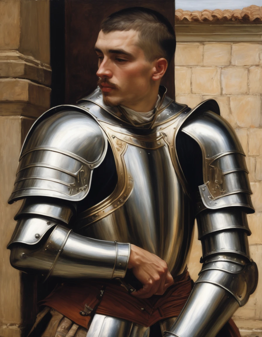 ((Masterpiece, best quality, oil painting, male focus)), (by James Tissot, John William Waterhouse, J. C. Leyendecker), (((the half body portrait of 2 male knights, buzzcut, they are lovers embracing, tense, bored and frustrated, blushing, sullen))
