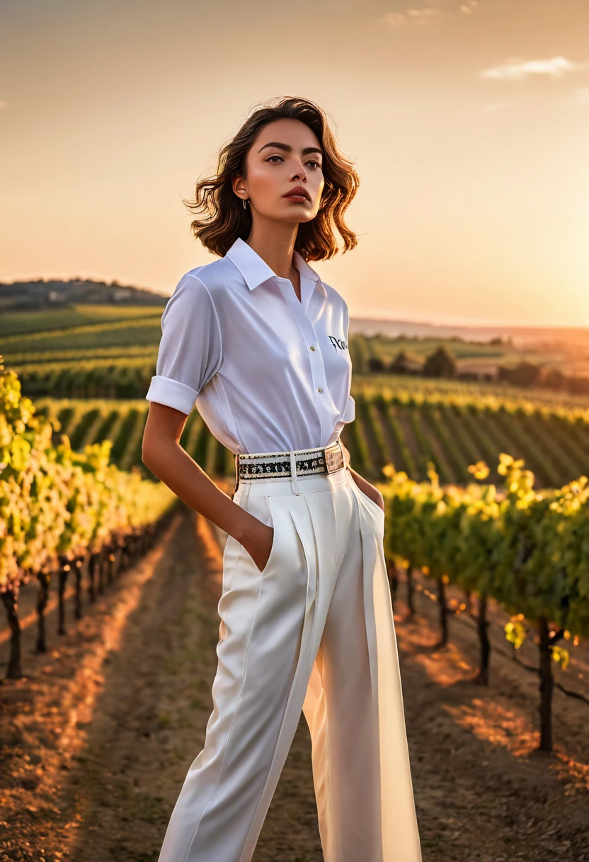 ((best quality)), ((masterpiece)), (detailed), full body shot, fashion photo shot, dynamic pose, dynamic angle, sunsetting in the background, young italian woman, wearing Dior apparel. she is looking off at the sunset, vineyard
