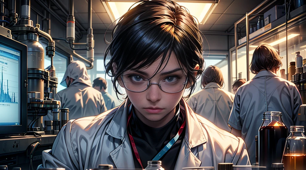 intricate laboratory scene, 5 mature female scientists, scientific experiments, detailed lab equipment, complex chemical reactions, precise scientific instruments, sterile white lab environment, focused facial expressions, protective lab coats and gloves, advanced technology, cutting-edge scientific discoveries, dramatic lighting, (best quality,4k,8k,highres,masterpiece:1.2),ultra-detailed,(realistic,photorealistic,photo-realistic:1.37), cinematic composition, dramatic angles, scientific precision, complex chemical formulas, advanced scientific apparatus