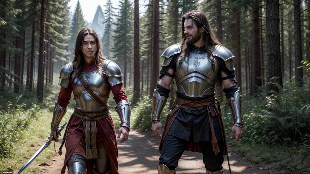 A human warrior man, 6'4 , approximately 209lb, slender body, with brown eyes, long and tied hair, no beard, a big scar on his face, wearing a beautiful silver armor, with a symbol on the armor of a lion, a red cloth tied to his right arm, holding a sword like his two hands, shining sword with blood running down, smiling. He striking a pose, with a forest in the background.