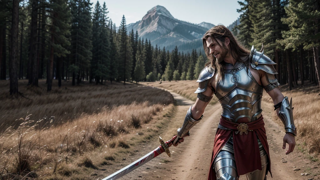 A human warrior man, 6'4 , approximately 209lb, slender body, with brown eyes, long and tied hair, no beard, a big scar on his face, wearing a beautiful silver armor, with a symbol on the armor of a lion, a red cloth tied to his right arm, holding a sword like his two hands, shining sword with blood running down, smiling. He striking a pose, with a forest in the background.