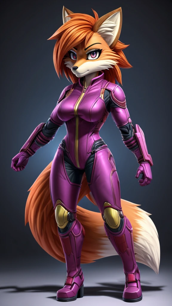 Skye from Paw Patrol, as a female fox, anthro, mature adult, long flowy orange hair, magenta iris, tall, muscular, curvy, full battle suit, standing, serious, detailed, solo, beautiful, high quality, clear background, precise, anime style, 4K