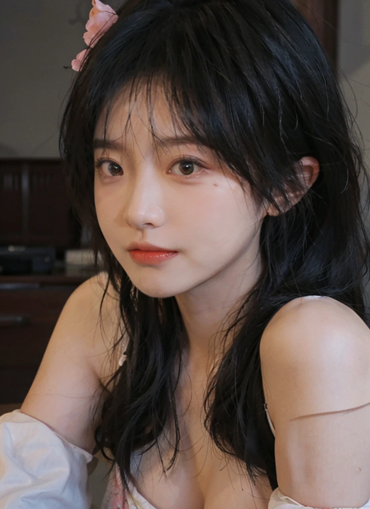 Best quality, Ultra-high resolution, (Realistically:1.4), A girl, A pair of clear and moving peach blossom eyes,Royal sisters,Sense of atmosphere,一个beautiful女孩(Faded gray hair:1), (Big cleavage breasts:1.3), Looking at the audience, Close-up cleavage ,beautiful