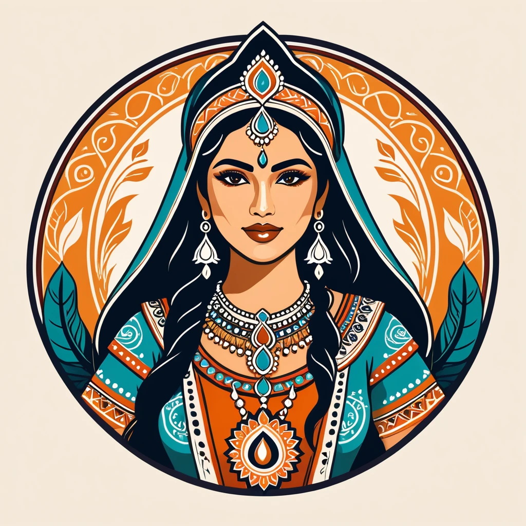 female sorcerer in indian folk outfit, vector graphics, strong contours, logo design
