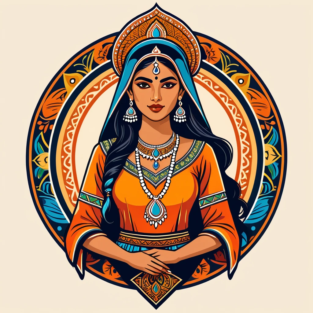 female sorcerer in indian folk outfit, vector graphics, strong contours, logo design