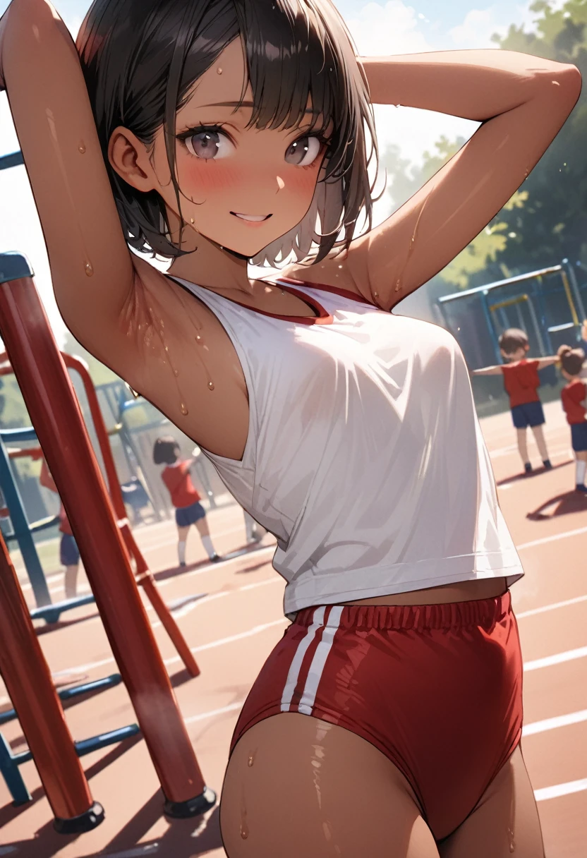 ((masterpiece,Highest quality:1.3,best quality illustration)),((realistic:1.2)),cowboy shot,独奏,1woman,18 year old beauty、black hair,short bob hair,(center parted bangs),black eyes,(gorgeous big eyes),((very small head:1.4)),shy,smile,((slender body:1.2,skinny)),(tan skin:1.4),small breasts,(White tank top、school gym red buruma),gleaming skin,oily skin,slender body,sweat,arms up,Show off your armpits、playground、Schoolyard、School、Tokyo、