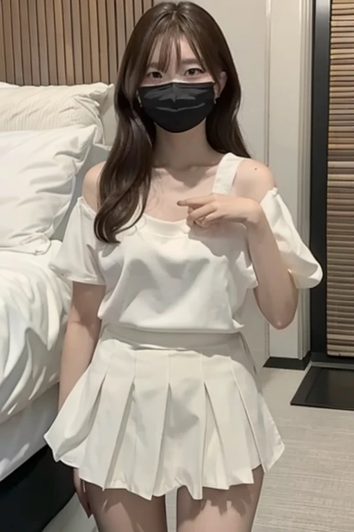 Gravure idol pose　Hotel　bed　high resolution　Not too small bust　Skirts should be shortened　Beautiful legs　Height: 153cm　Wearing a mask