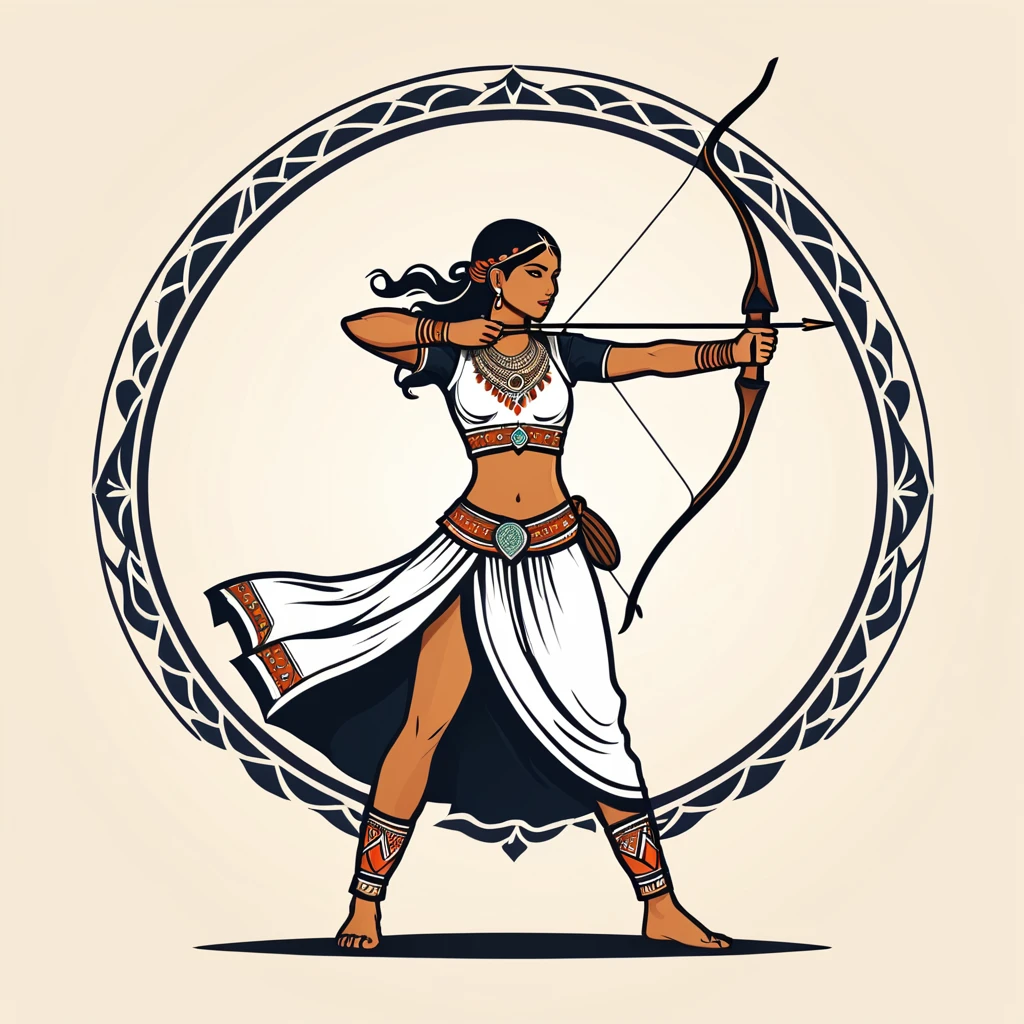 female archer in indian folk outfit, vector graphics, strong contours, logo design