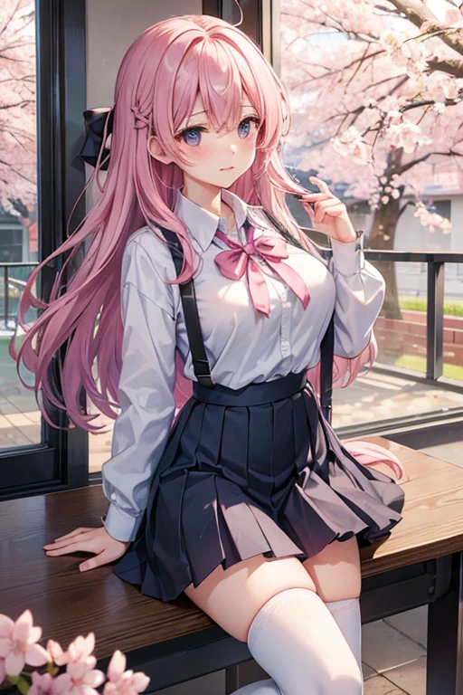 female、female子高生、love愛ゲーム、heroine、love、student、美少female、pink、Low Contrast、pastel、In the classroom、cherry blossoms、Sunny/Rainy、Light、spring breeze、fluffy、Soft and fluffy、cute、Loose atmosphere、Hair blowing in the wind、Calm、ephemeral、School uniforms、shirt、ribbon、skirt、Large Breasts、Thighs、Black knee-high socks