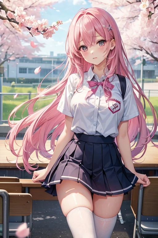 female、female子高生、love愛ゲーム、heroine、love、student、美少female、pink、Low Contrast、pastel、In the classroom、cherry blossoms、Sunny/Rainy、Light、spring breeze、fluffy、Soft and fluffy、cute、Loose atmosphere、Hair blowing in the wind、Calm、ephemeral、School uniforms、shirt、ribbon、skirt、Large Breasts、Thighs、Black knee-high socks