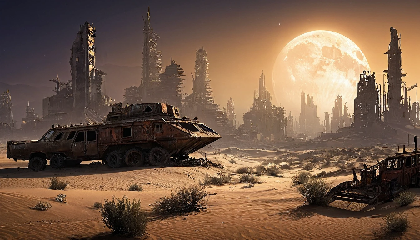 ship desert night city post apocalyptic