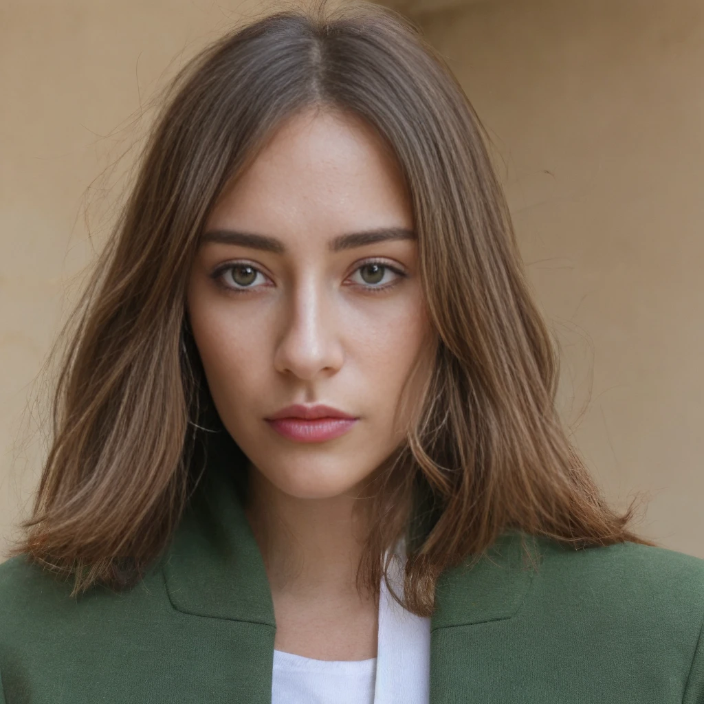 Lila,25 ans, Féminin Cheveux longs et ondulés de couleur châtain clair Yeux verts éclatants Teint clair avec des taches de rousseur Style vestimentaire chic et tendance et sexy  dans un cafer