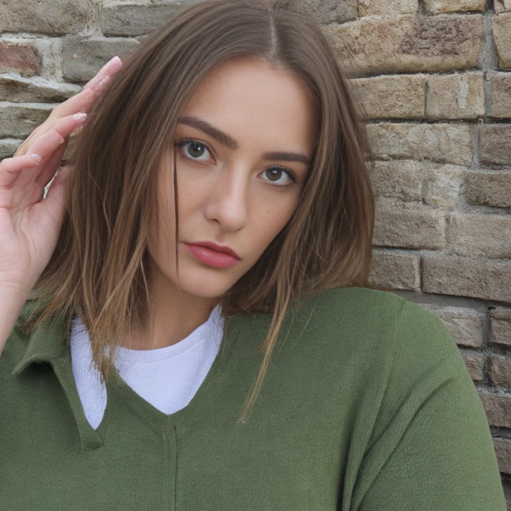 Lila,25 ans, Féminin Cheveux longs et ondulés de couleur châtain clair Yeux verts éclatants Teint clair avec des taches de rousseur Style vestimentaire chic et tendance et sexy dans un cafer