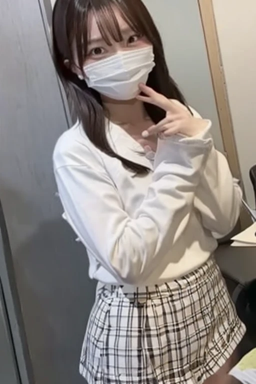 Gravure idol pose　Hotel　bed　uniform　White clothes　high resolution　Not too small bust　Black Mini Skirt　Shorten your skirt. Height 153cm　Wearing a mask