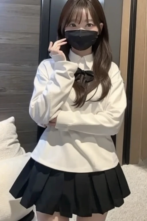 Gravure idol pose　Hotel　bed　uniform　White clothes　high resolution　Not too small bust　Black Mini Skirt　Shorten your skirt. Height 153cm　Wearing a mask