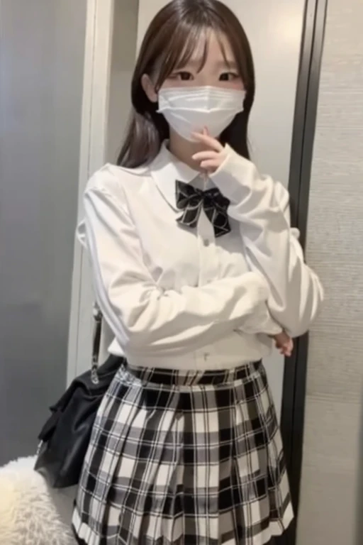 Gravure idol pose　Hotel　bed　uniform　White clothes　high resolution　Not too small bust　Black Mini Skirt　Shorten your skirt. Height 153cm　Wearing a mask