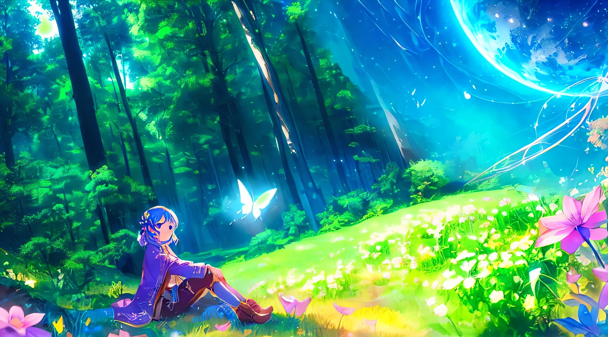 cartoon girl sitting on the grass，There are flowers and butterflies, cartoon lush john 8k woods, cartoonbeautifulpeacescene, cartoon nature wallpaper, Cartoon Art Wallpaper 8K, cartoon art wallpaper 4k, cartoon art wallpaper 4k, beautifulfantasycartoon, Shinkai Makoto Cyril Roland, beautiful cartoon scene, cartoon background art, beautiful cartoon scenery, cartoon background，forest，Green lawn，early spring，Vibrant，Everything races，Tiny、Dressed in purple、Chemist boy，Sitting on the lawn，look up，one，beautiful，small butterfly、Peace，Sunlight，Elemental magic、Blue，fantasy、cartoon、ground、Earth、Second Dimension，Volumetric Light，warm light，Soft colors，Vision，broad、Second Dimension