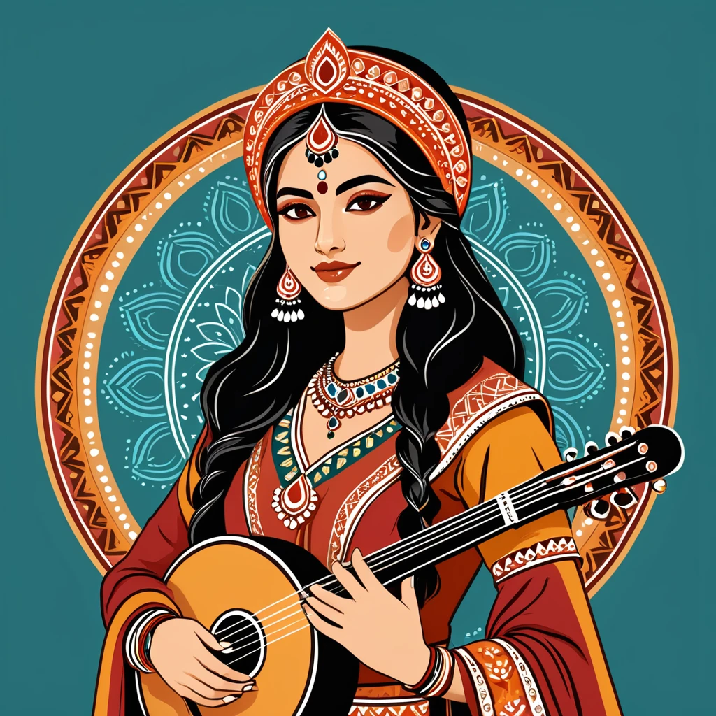 female bard in indian folk outfit, vector graphics, strong contours, logo design
