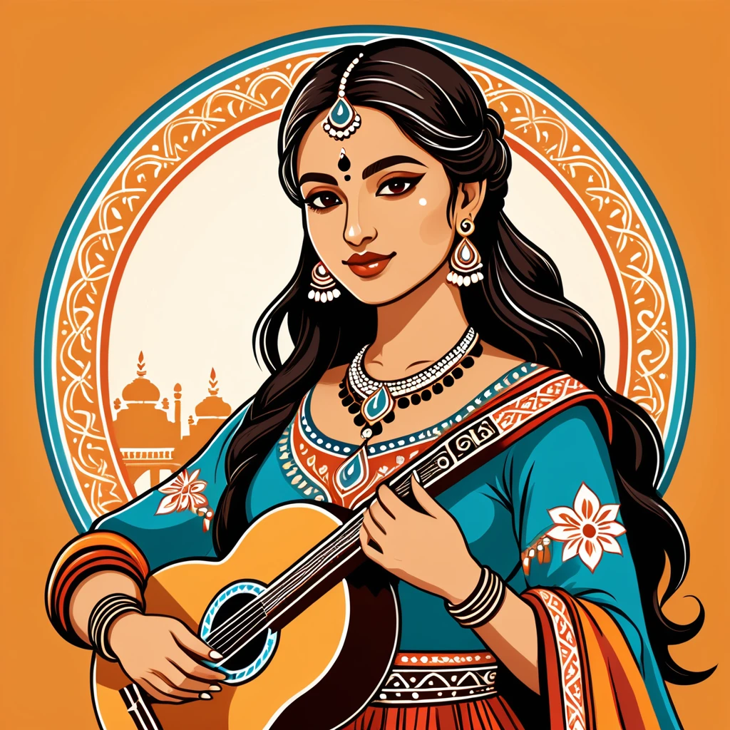 female bard in indian folk outfit, vector graphics, strong contours, logo design
