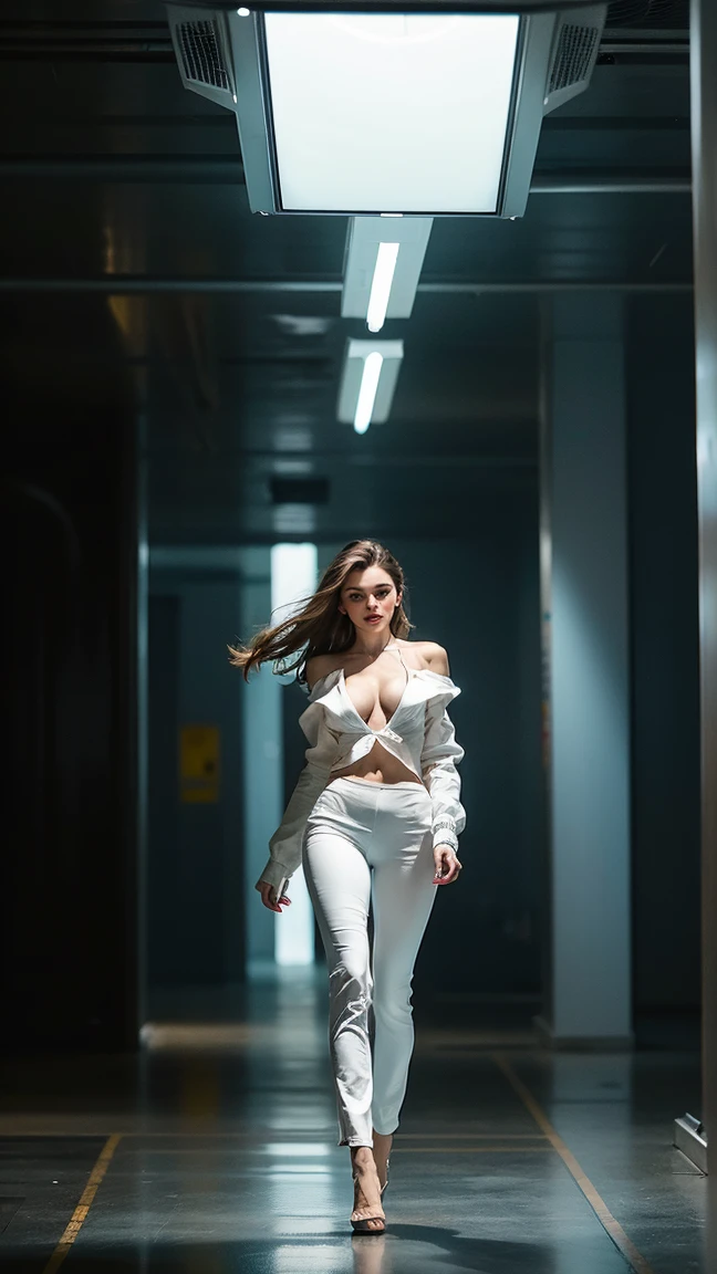 9K, Raw photo, highest quality, masterpiece, realistic, Photoreal, Full body, aerial view, cinematic lighting,| Miranda May Kerr stands tall in a white Cyberpunk uniform with pants, a Very Long Shot, and her dark brown hair cascading down her shoulders. Her ultra-detailed face with beautiful features shines in the dimly lit cyberpunk setting. The sleek uniform accentuates her medium height and slender athletic figure. She wears it confidently, showcasing breasts beneath. Dynamic shooting poses to showcase her agility as she moves through the futuristic landscape.